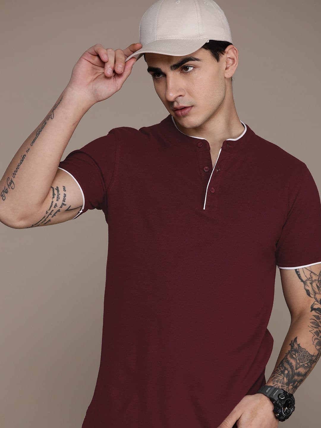 Roadster Men Mandarin Collar Pure Cotton T-shirt - view 1