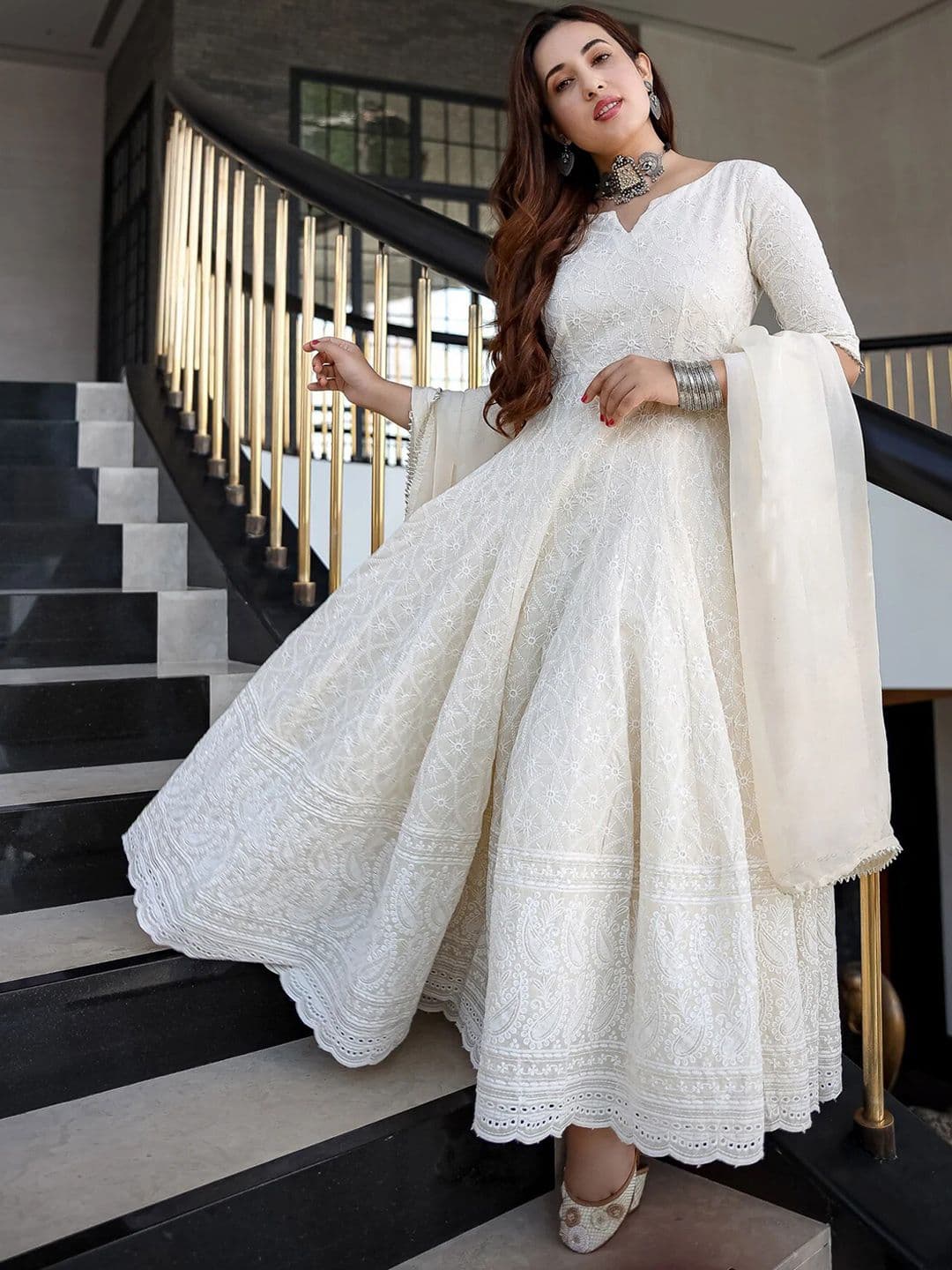 Royal Export Ethnic Motifs Embroidered Cotton Fit & Flare Maxi Ethnic Dress With Dupatta - view 1