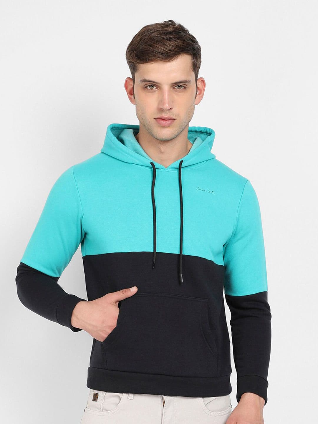 CAHOOT Blue & Black Colourblocked Hooded Cotton Pullover Sweatshirt - view 1
