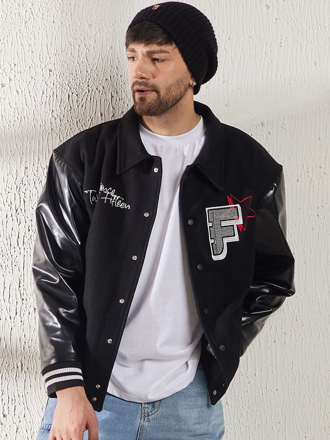 FUGAZEE Black Graphic Printed Woollen Bomber Jacket - view 1