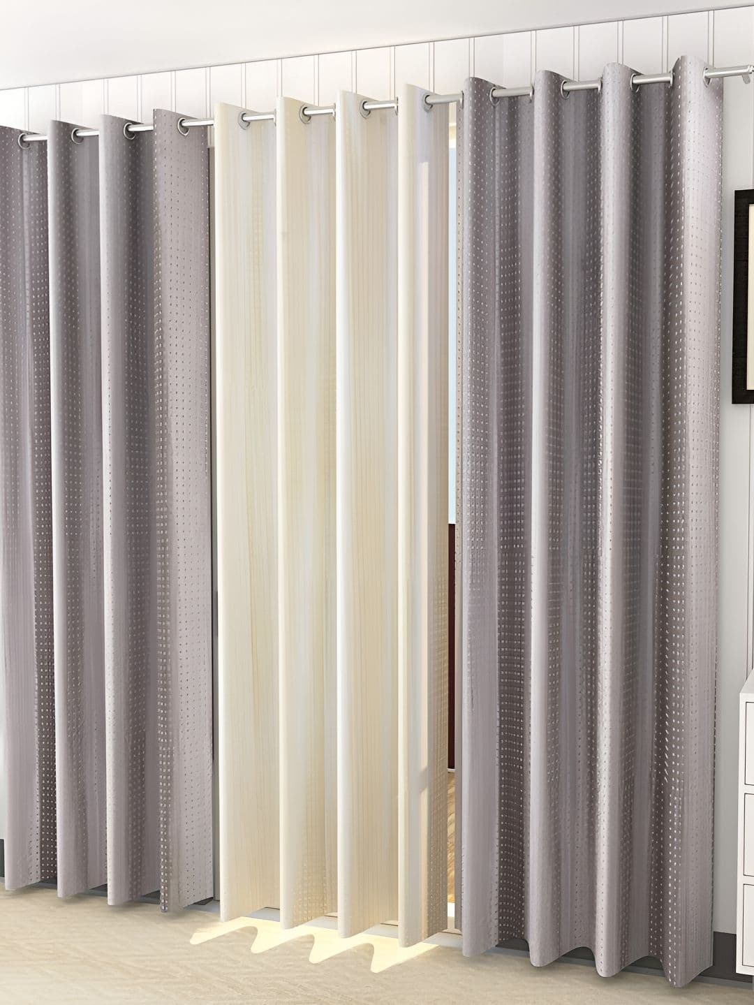 Kraftiq Homes PlainPunching Grey & Cream 3 pieces Room Darkening Window Curtains - view 1