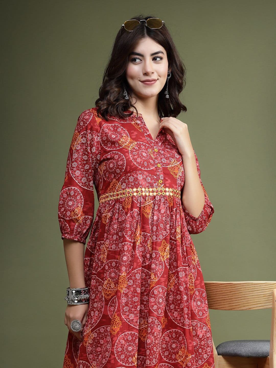 Sangria Floral Printed Mirror Work Cotton Fit & Flare Midi Ethnic Dress - view 1