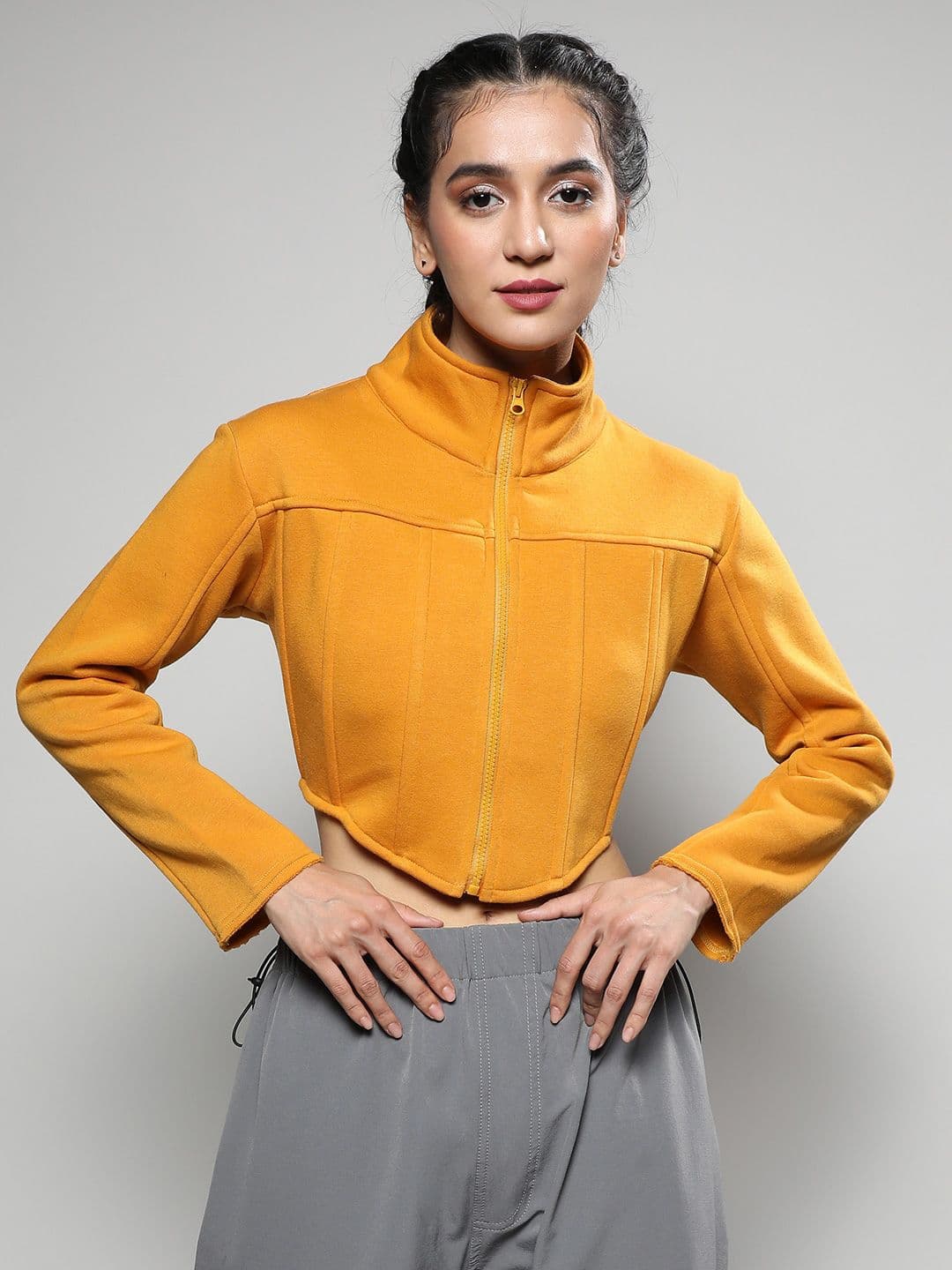 PINACOLADA Mock Collar Cotton Front Open Cropped Sweatshirt - view 1