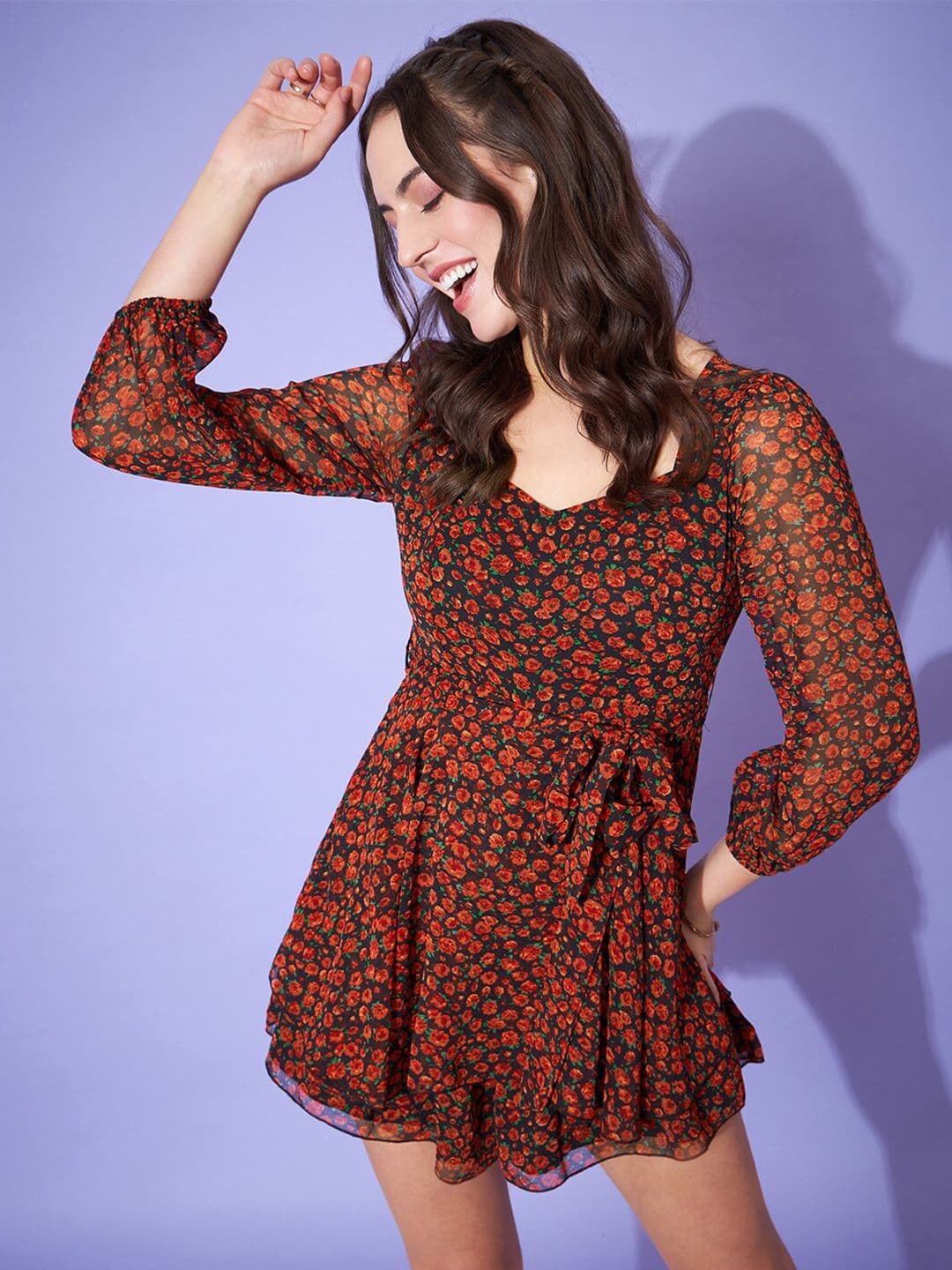 Berrylush Black Floral Printed Sweetheart Neck Tie Up Layered Playsuit - view 1