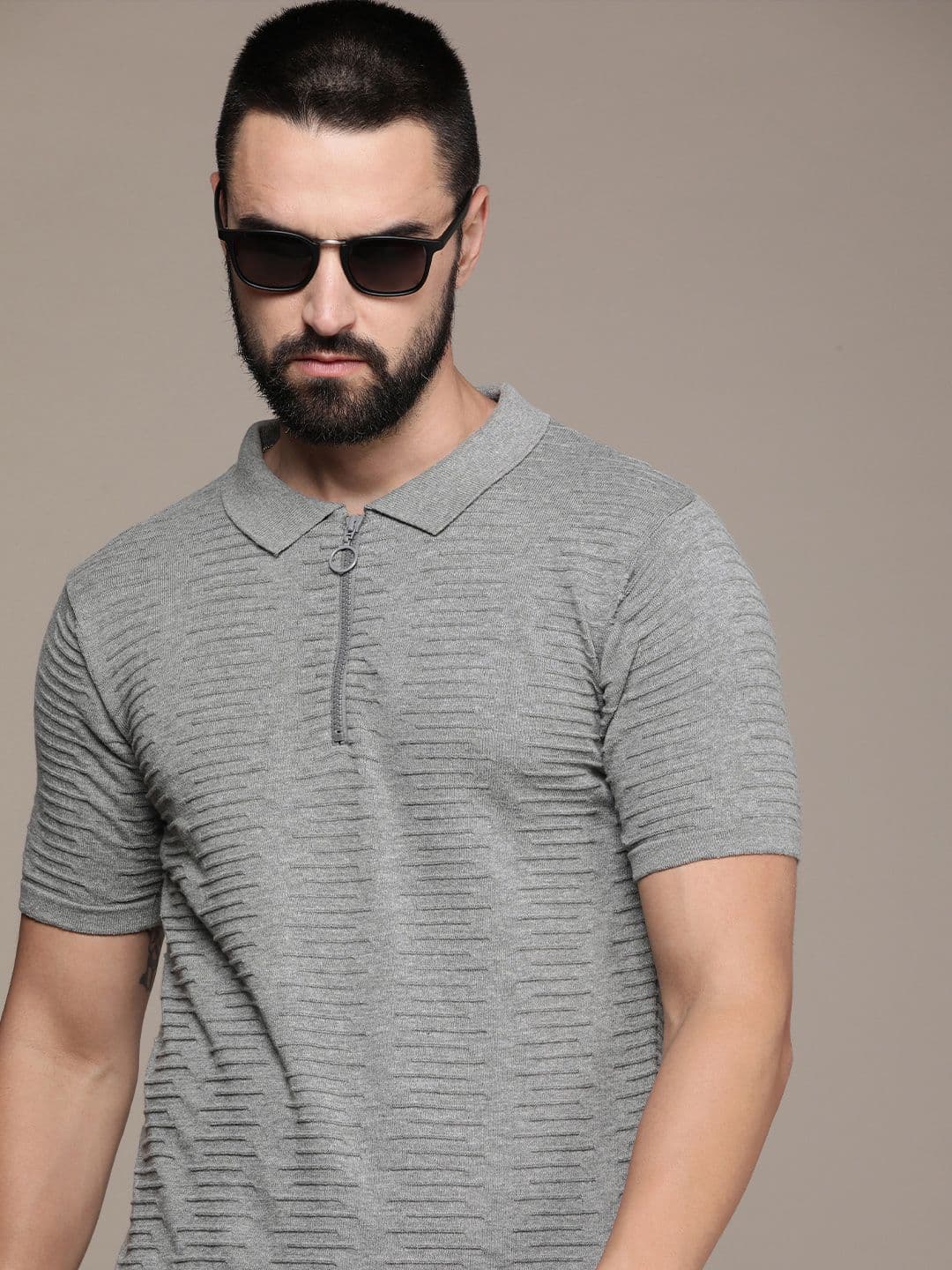 Roadster Men Self Design Polo Collar T-shirt - view 1