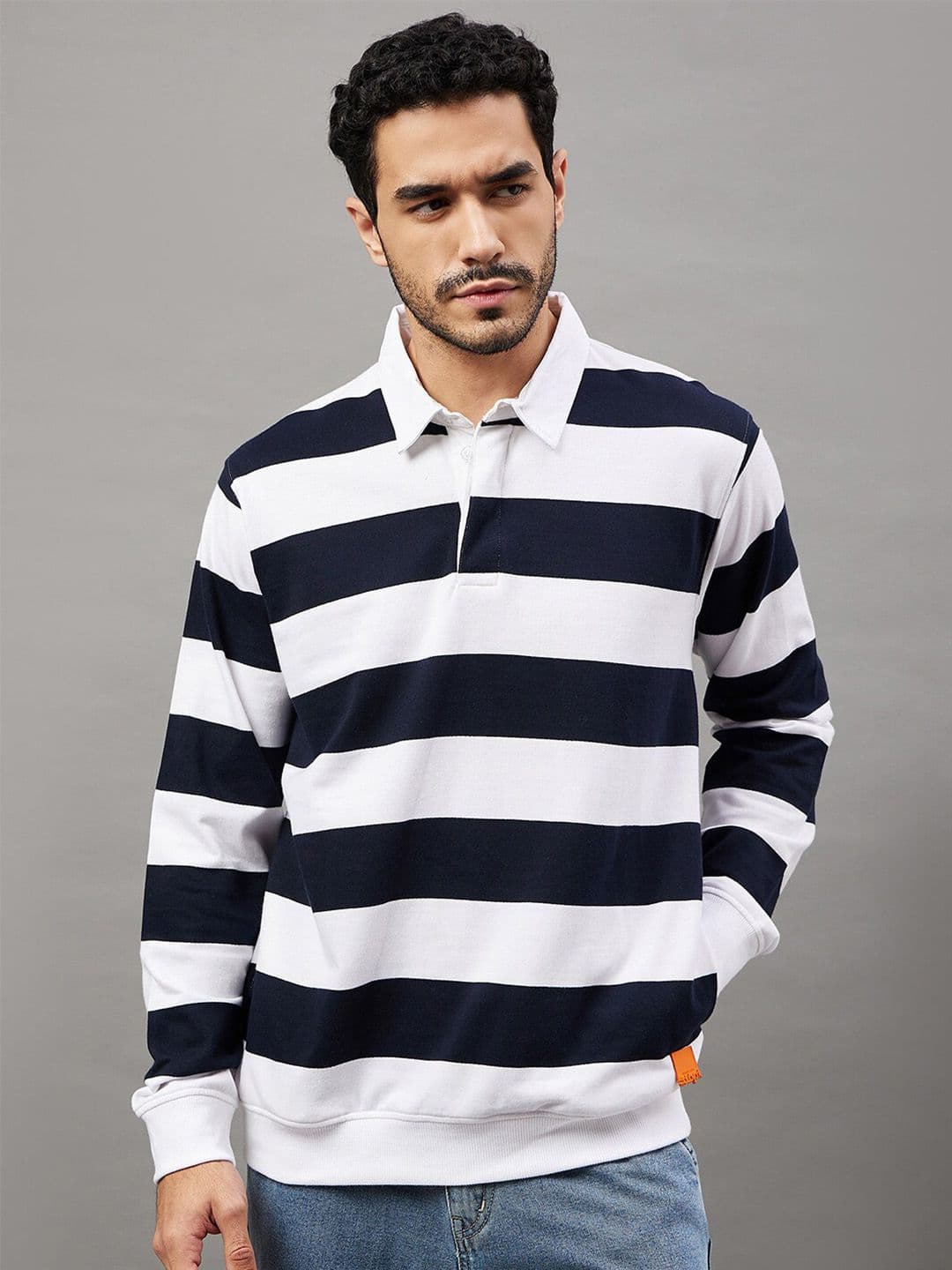 Club York Striped Shirt Collar Terry Cotton Pullover Sweatshirt - view 1
