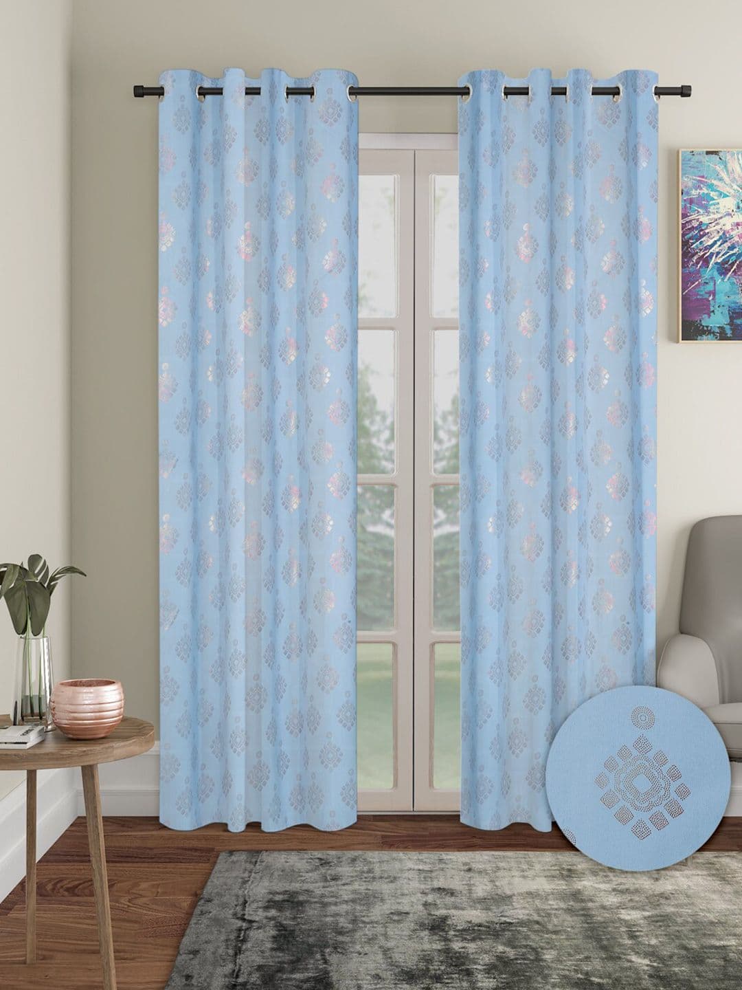 Aura Blue 2 Pieces Polyester Ethnic Motif Blackout Long Door Curtains - view 1