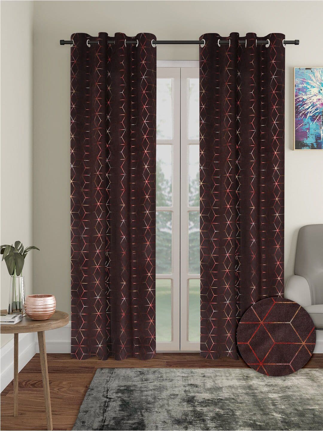 Aura 2 Pieces Velvet Geometric out Long Door Curtains - view 1