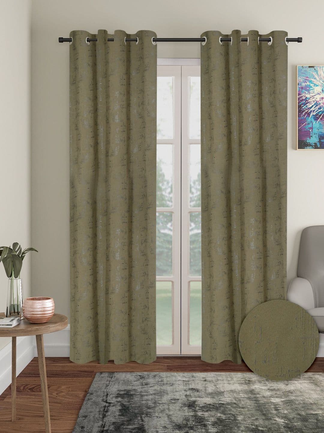Aura Green 2 Pieces Polyester Solid Blackout Long Door Curtains - view 1