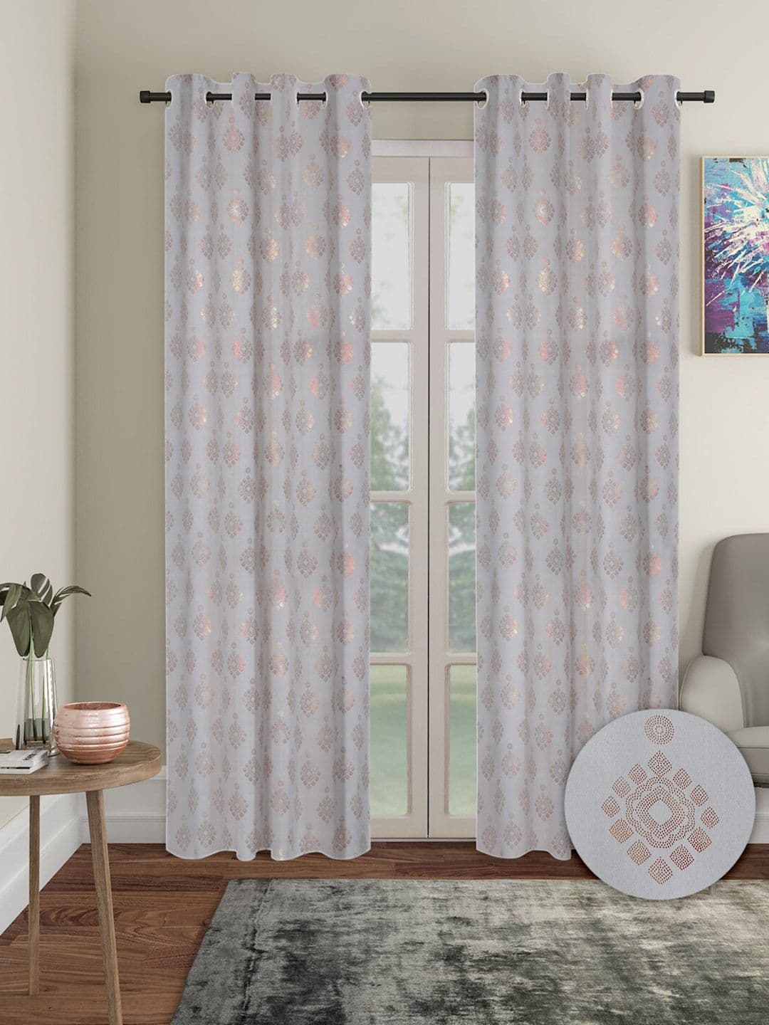 Aura Grey & Pink 2 Pieces Ethnic Motifs Blackout Long Door Curtains - view 1