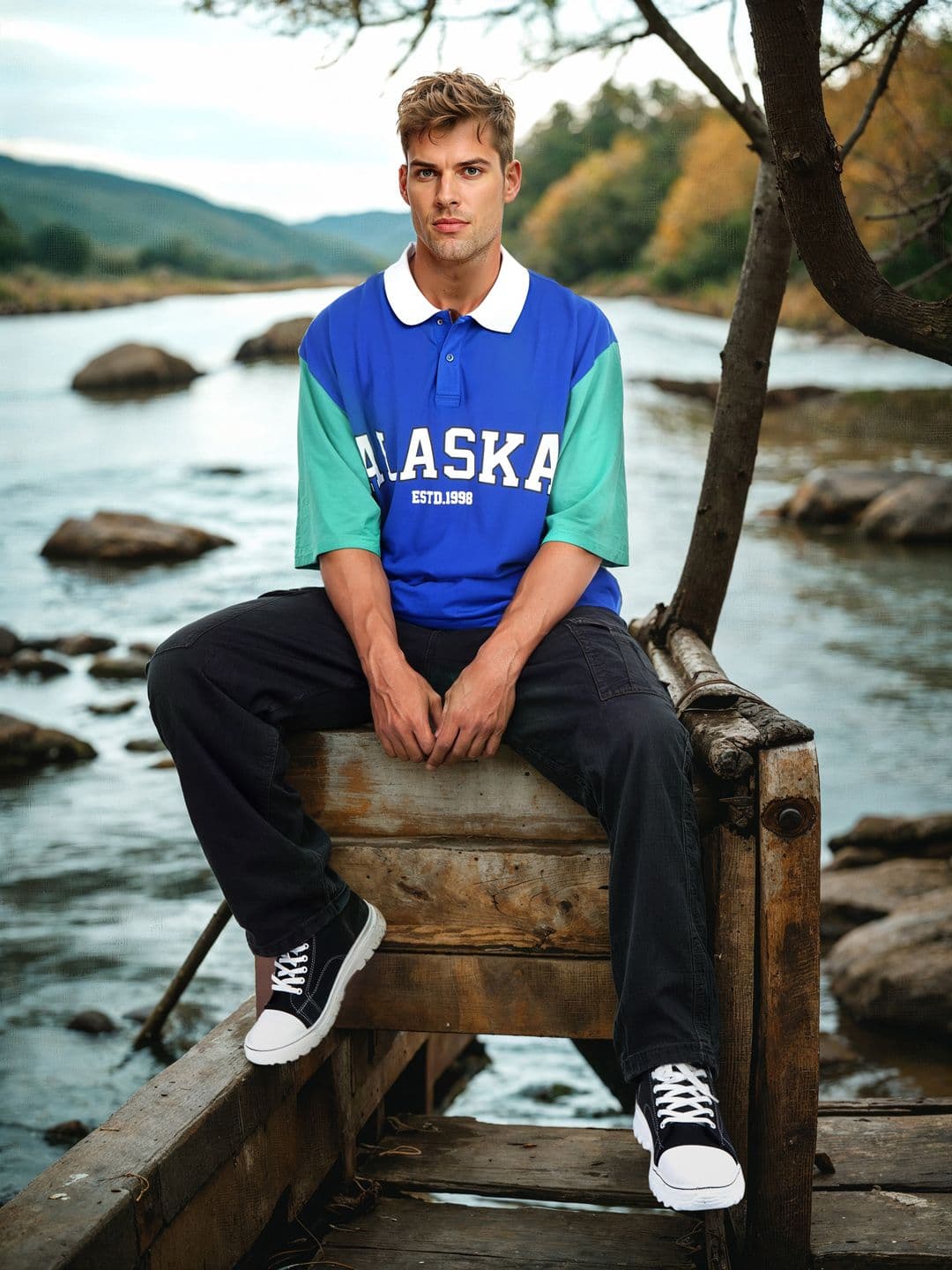 HERE&NOW Typography Printed Polo Collar Drop-Shoulder Sleeves Pure Cotton T-shirt - view 1