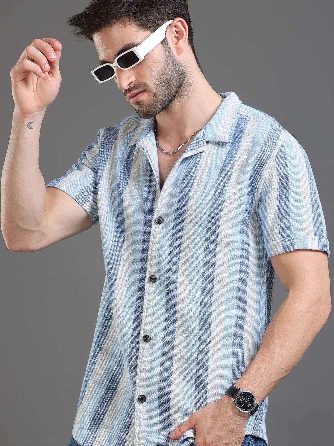 Moda Rapido blue Slim Fit Striped Short Sleeves Cotton Casual Shirt - view 1