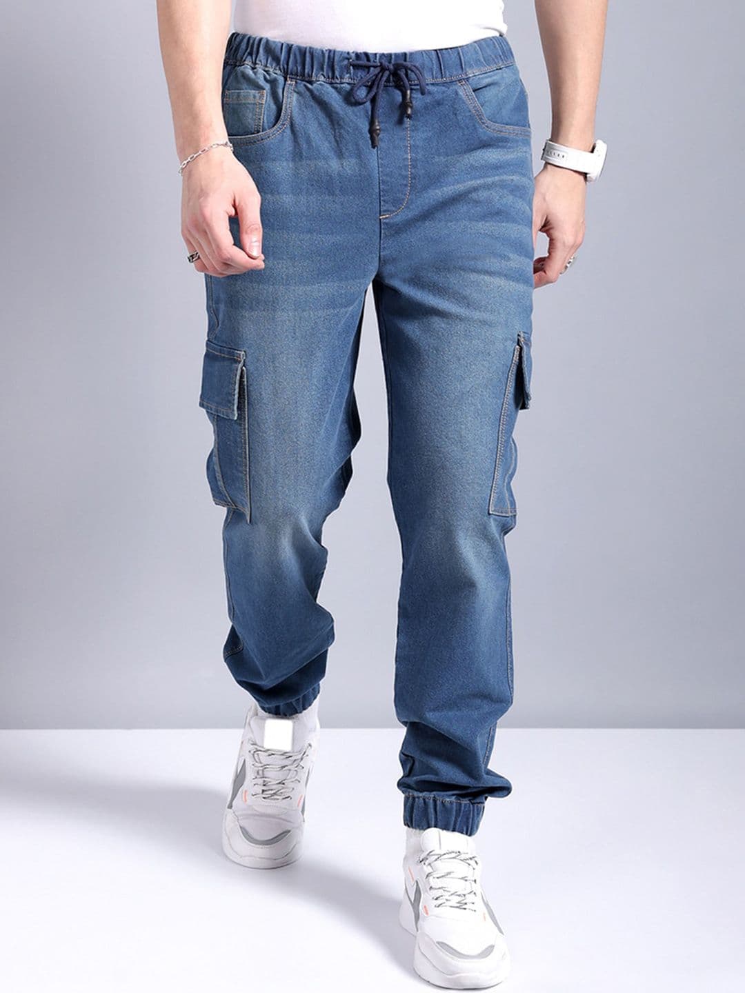 The Indian Garage Co Men Light Fade Stretchable Cargo Denim Joggers - view 1