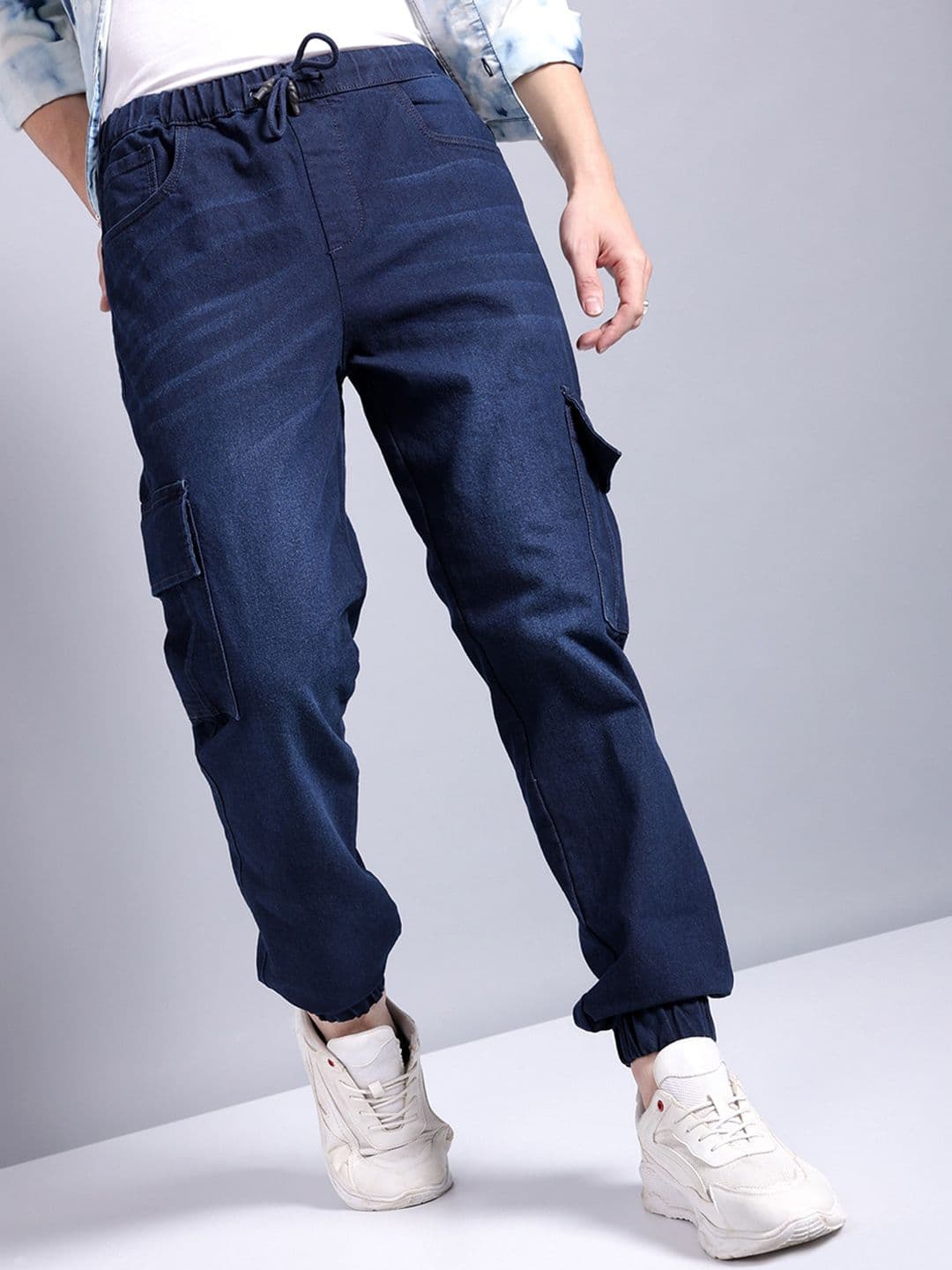 The Indian Garage Co Men Light Fade Stretchable Cargo Denim Joggers - view 1