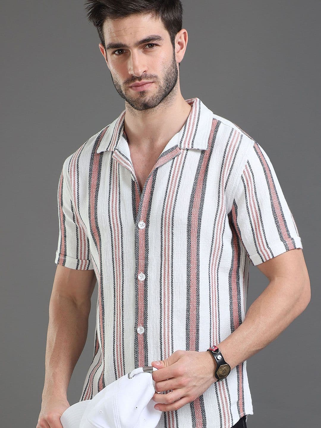 HERE&NOW Slim Fit Vertical Striped Cuban Collar Cotton Casual Shirt - view 1