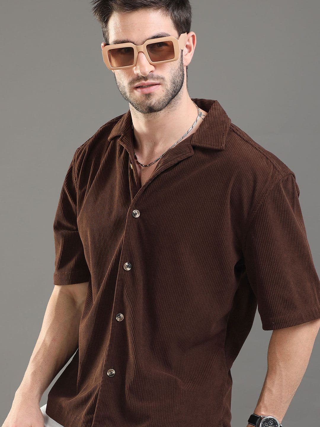 HERE&NOW Ribbed Cuban Collar Corduroy Oversized Casual Shirt - view 1