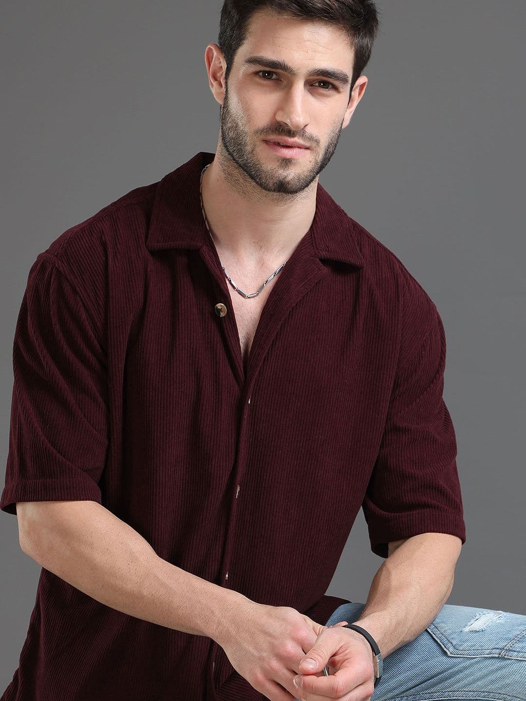 HERE&NOW Self Design Corduroy Weave Oversized Casual Shirt - view 1