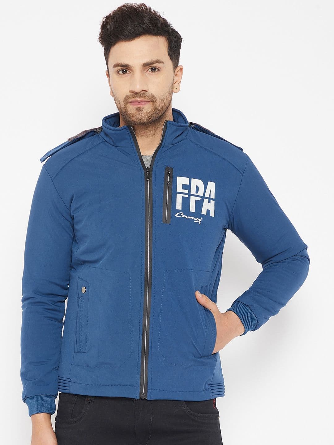 Camey Typography Printed Hooded Neck Long Sleeves Lightweight Bomber Jacket - view 1