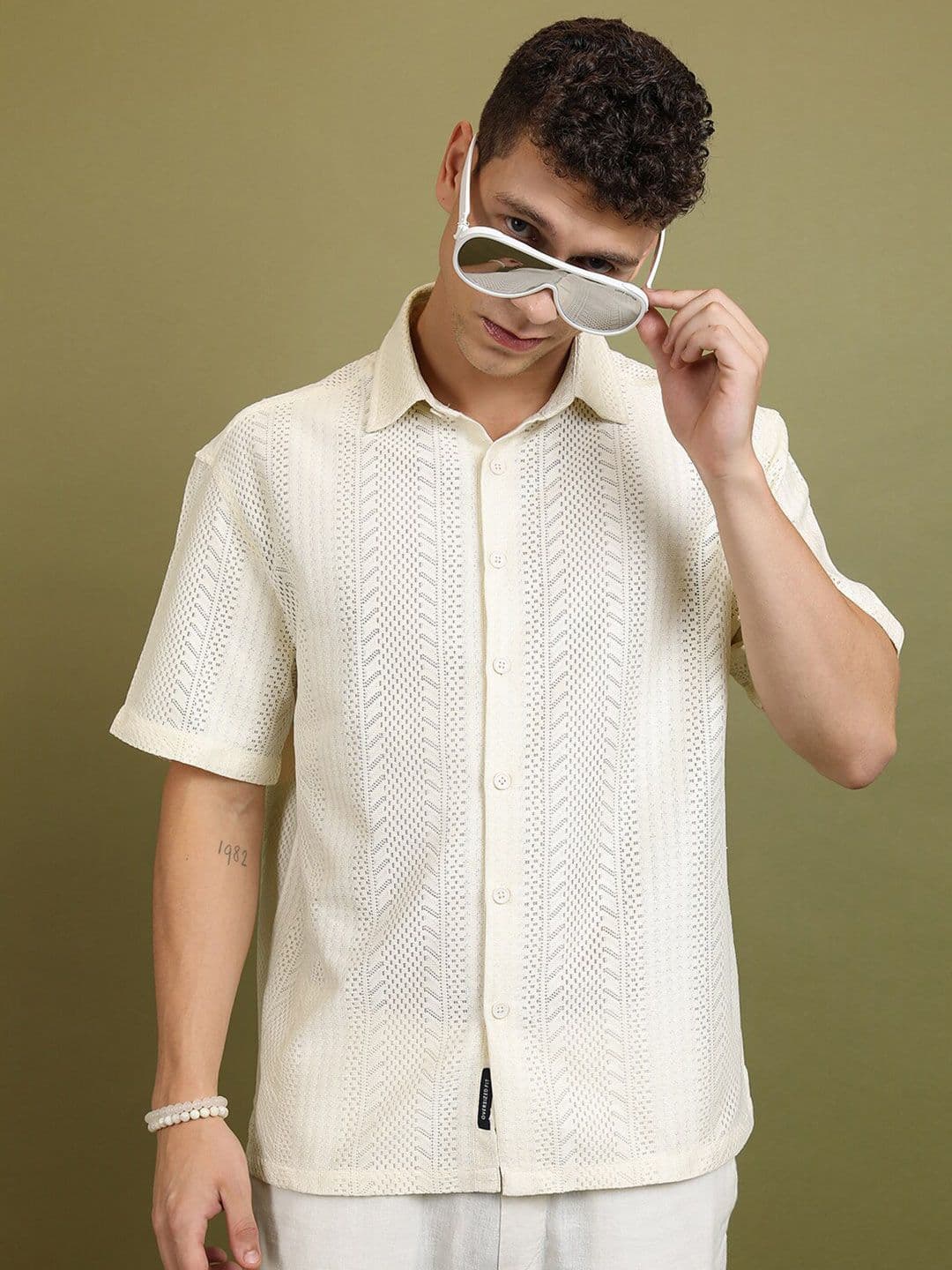 HIGHLANDER Oversized Self Design Casual Crochet Shirt - view 1