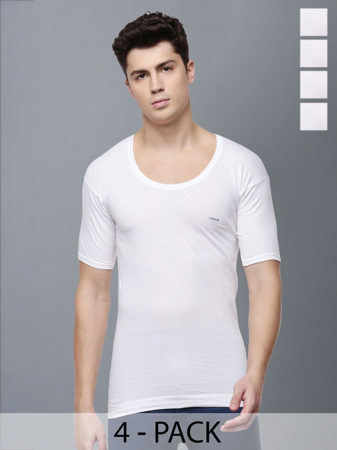 Dollar Lehar Men Combed Cotton Round Neck With Sleeve Vest -Pack of 4- White - view 1