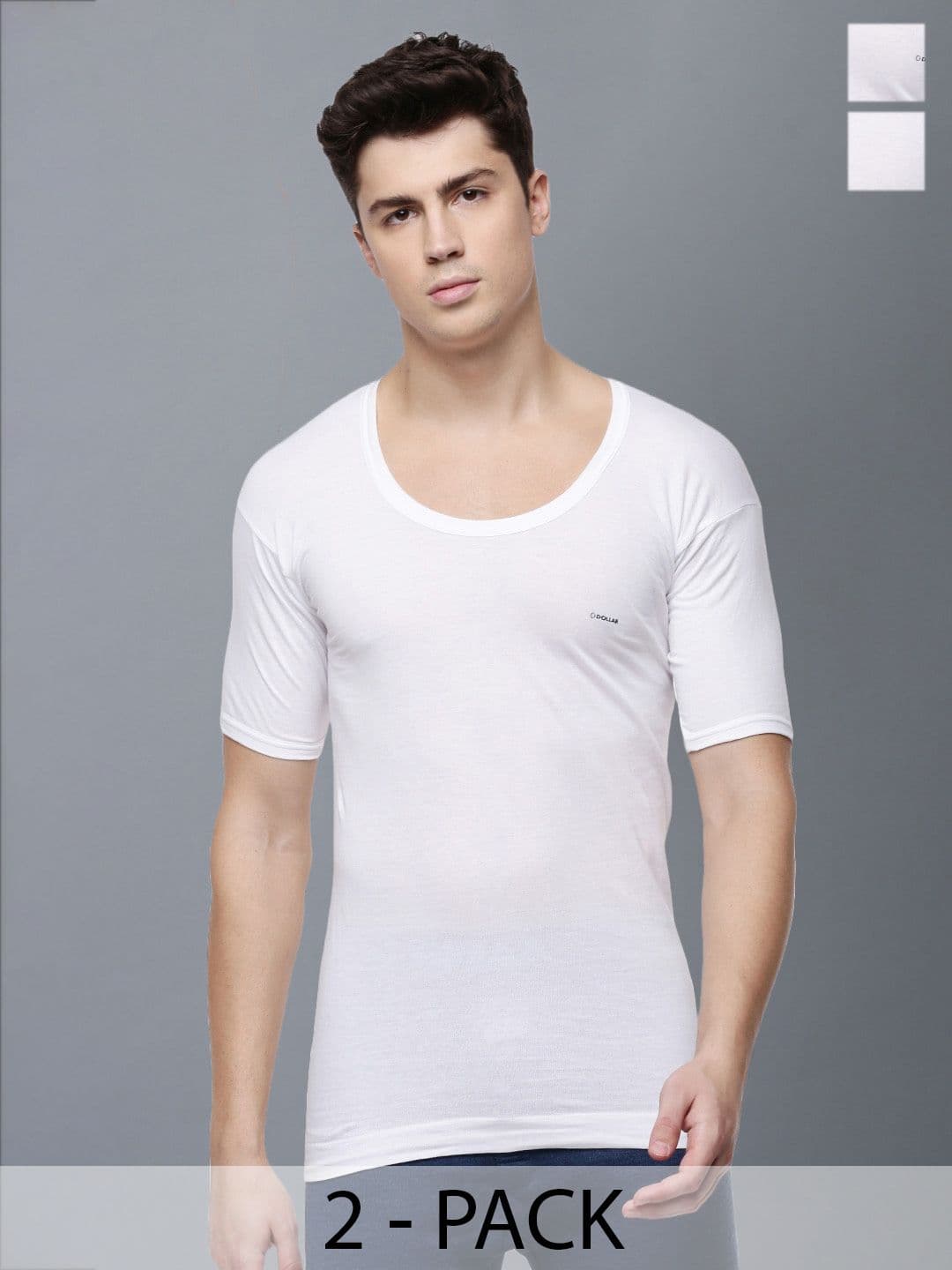 Dollar Lehar Men Combed Cotton Round Neck With Sleeve Vest -Pack of 2- White - view 1