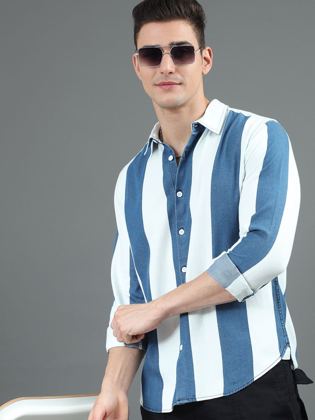 HERE&NOW Blue Slim Fit Vertical Striped Cotton Casual Shirt - view 1