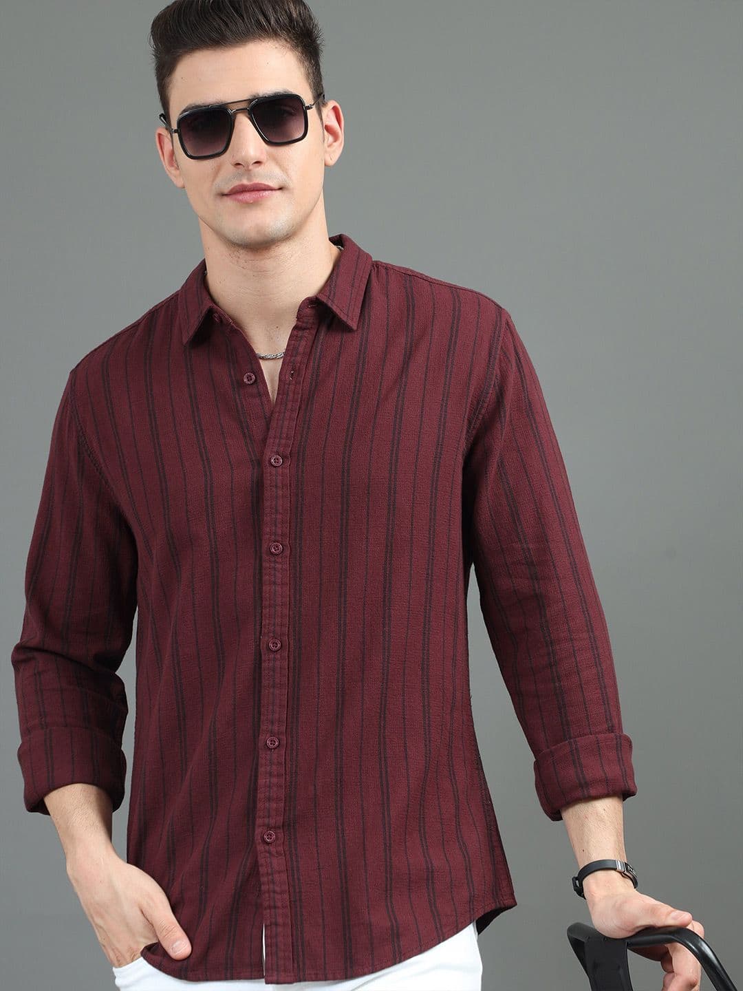 HERE&NOW Maroon Slim Fit Vertical Striped Cotton Casual Shirt - view 1
