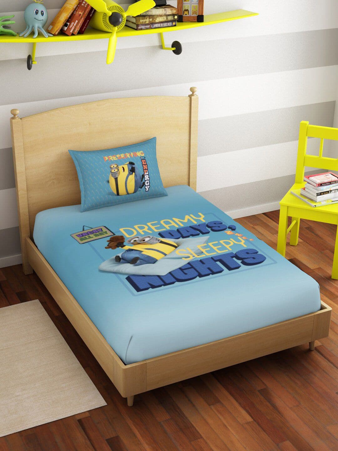 SPACES Universal Lazy Days Minions Blue Cartoon Characters Pure Cotton 180 TC Single Fine Bedsheet with a Pillow Cover-59 x 87 inches - view 1