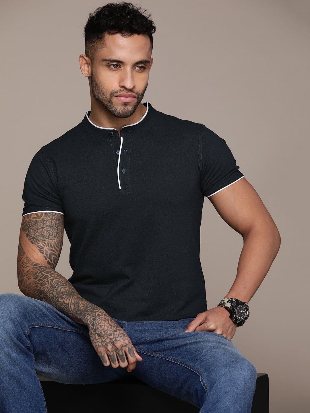Roadster Men Henley Neck Indigo Pure Cotton T-shirt - view 1