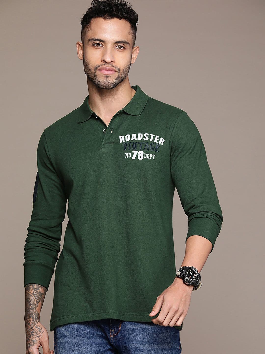 Roadster Men Typography Printed Polo Collar Pure Cotton T-shirt - view 1