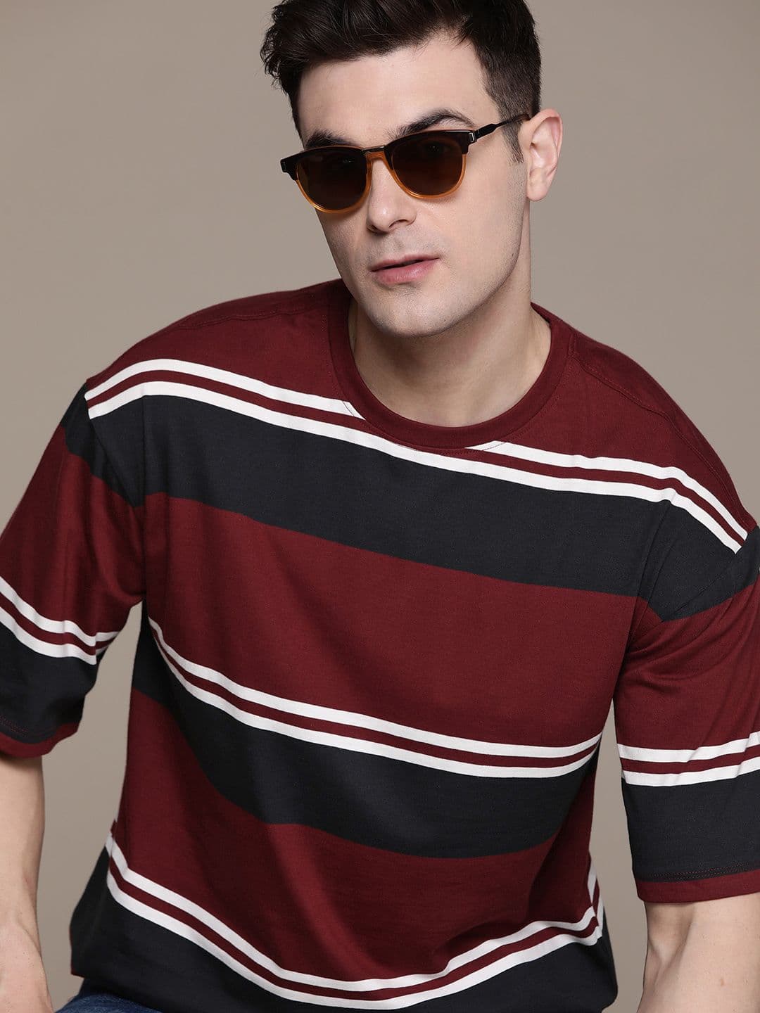 The Roadster Lifestyle Co. Striped Drop-Shoulder Sleeves Pure Cotton Relaxed T-shirt - view 1