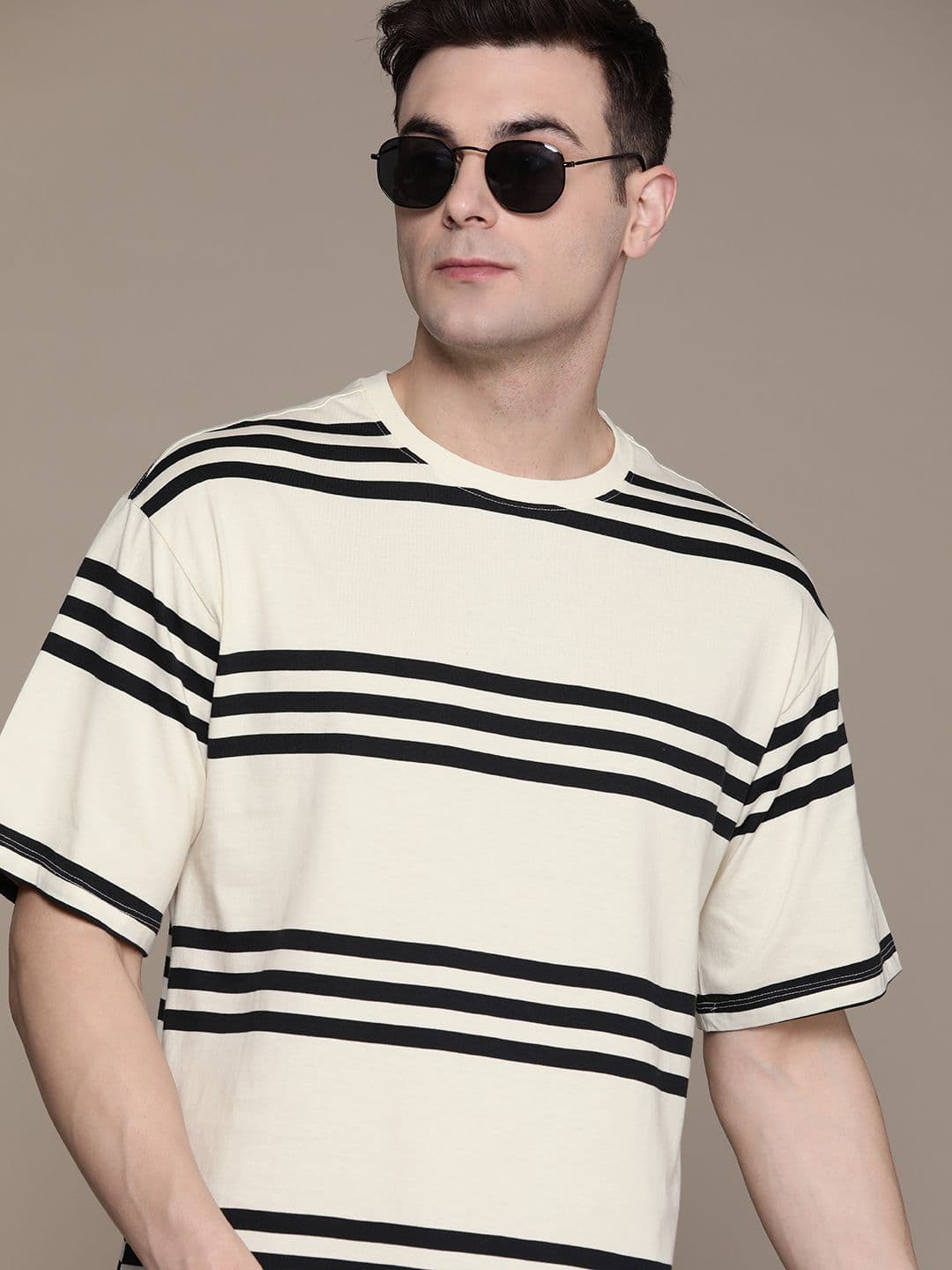 The Roadster Lifestyle Co. Striped Drop-Shoulder Sleeves Pure Cotton Relaxed T-shirt - view 1