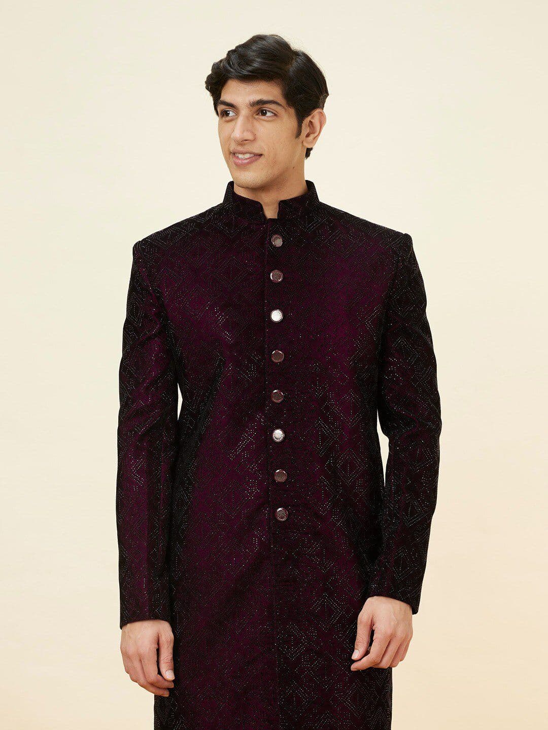 Manyavar Self Design Mandarin Collar Velvet Sherwani Set - view 1