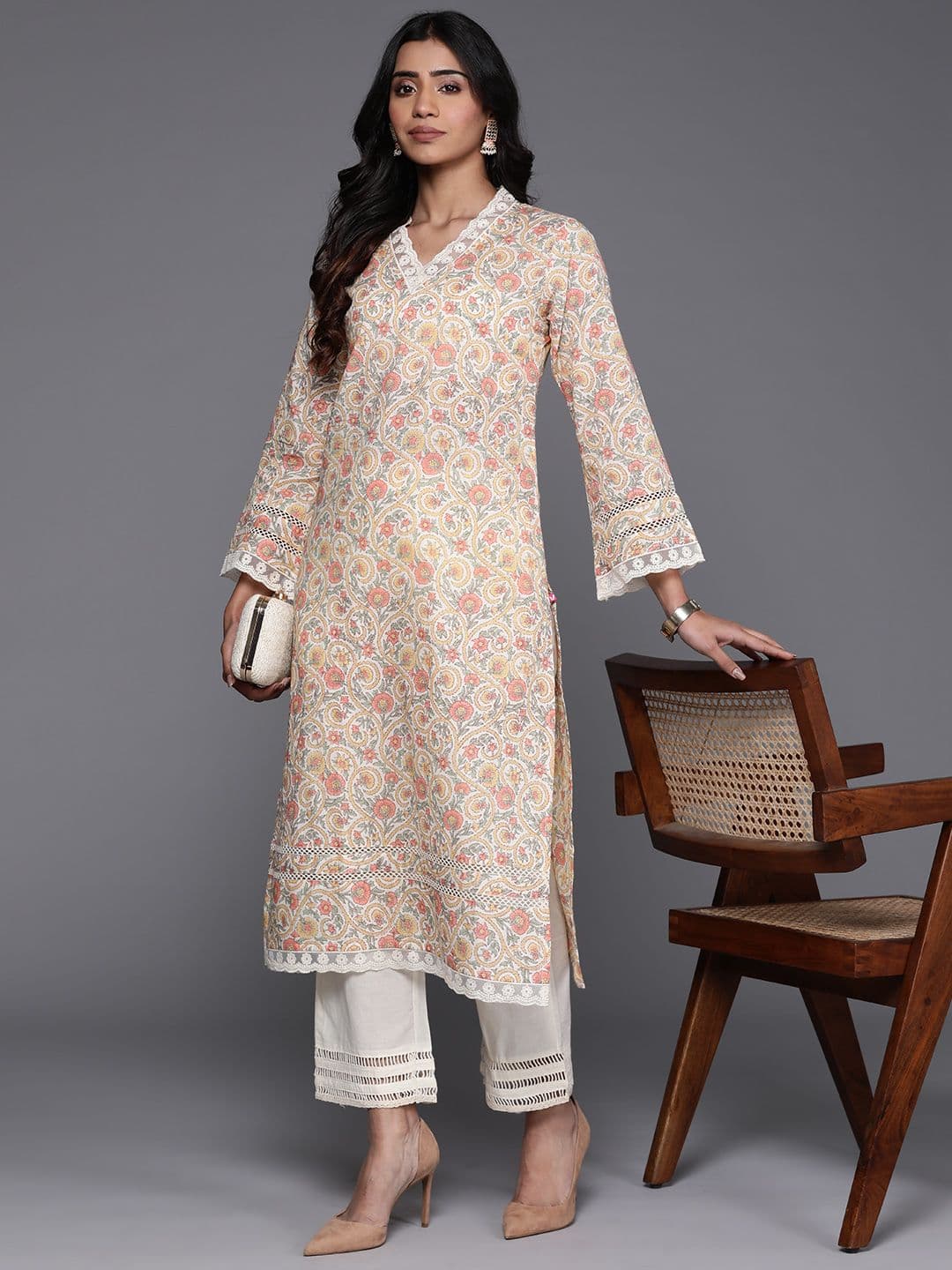 Varanga Off White Ethnic Floral Printed V Neck Flared Sleeves Lace Pure Cotton Kurta - view 1