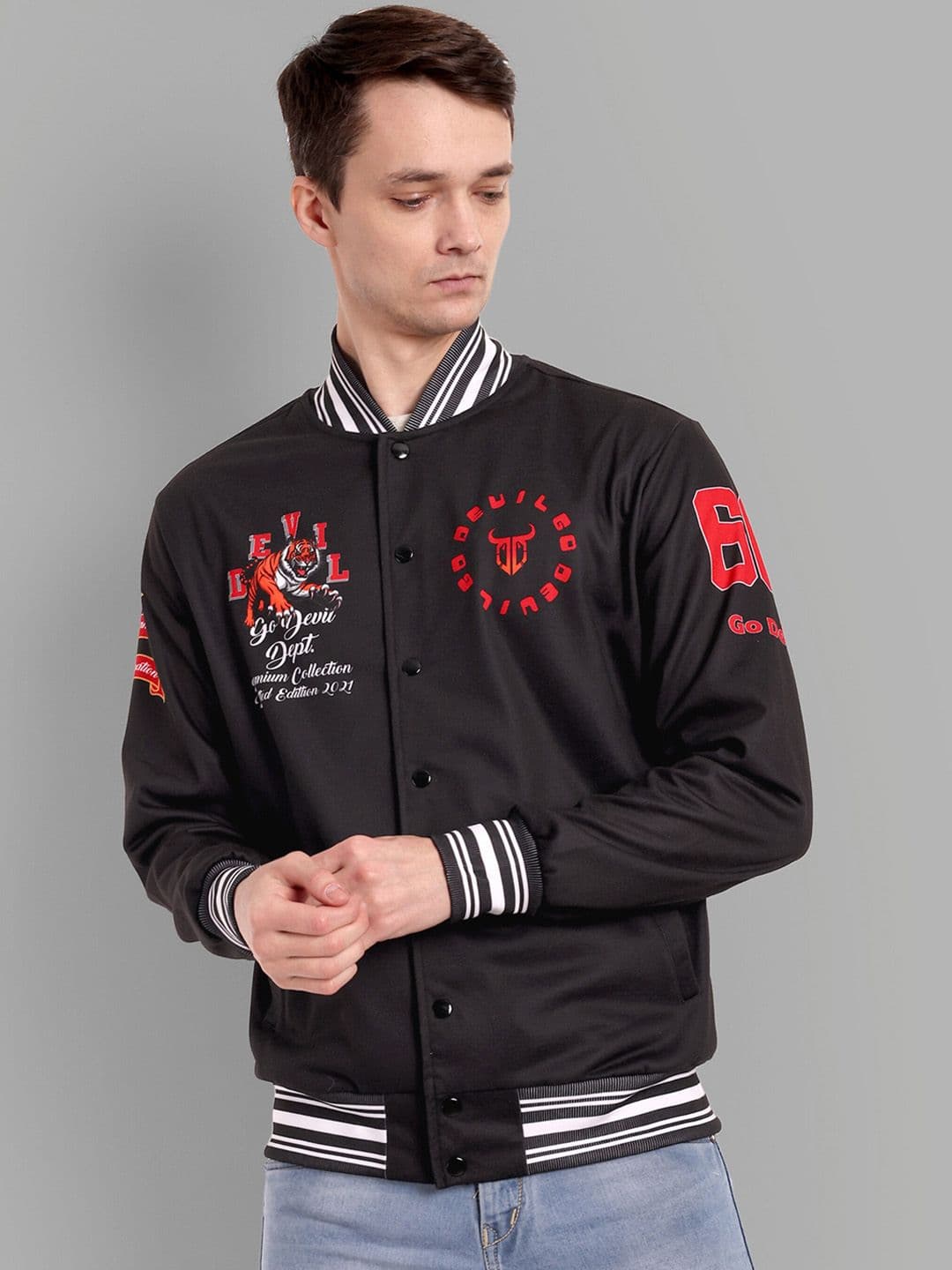 GO DEVIL Graphic Printed Mandarin Collar Bomber Jacket - view 1
