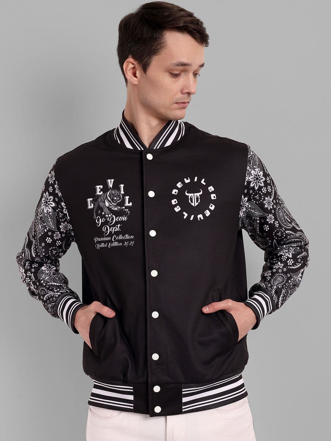 GO DEVIL Graphic Printed Mandarin Collar Bomber Jacket - view 1
