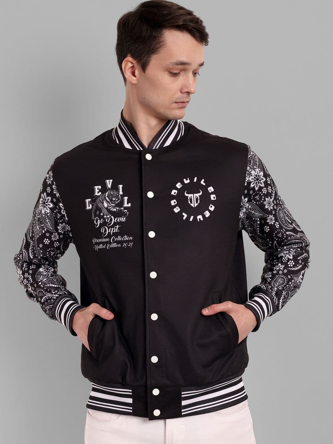 GO DEVIL Graphic Printed Mandarin Collar Bomber Jacket - view 1