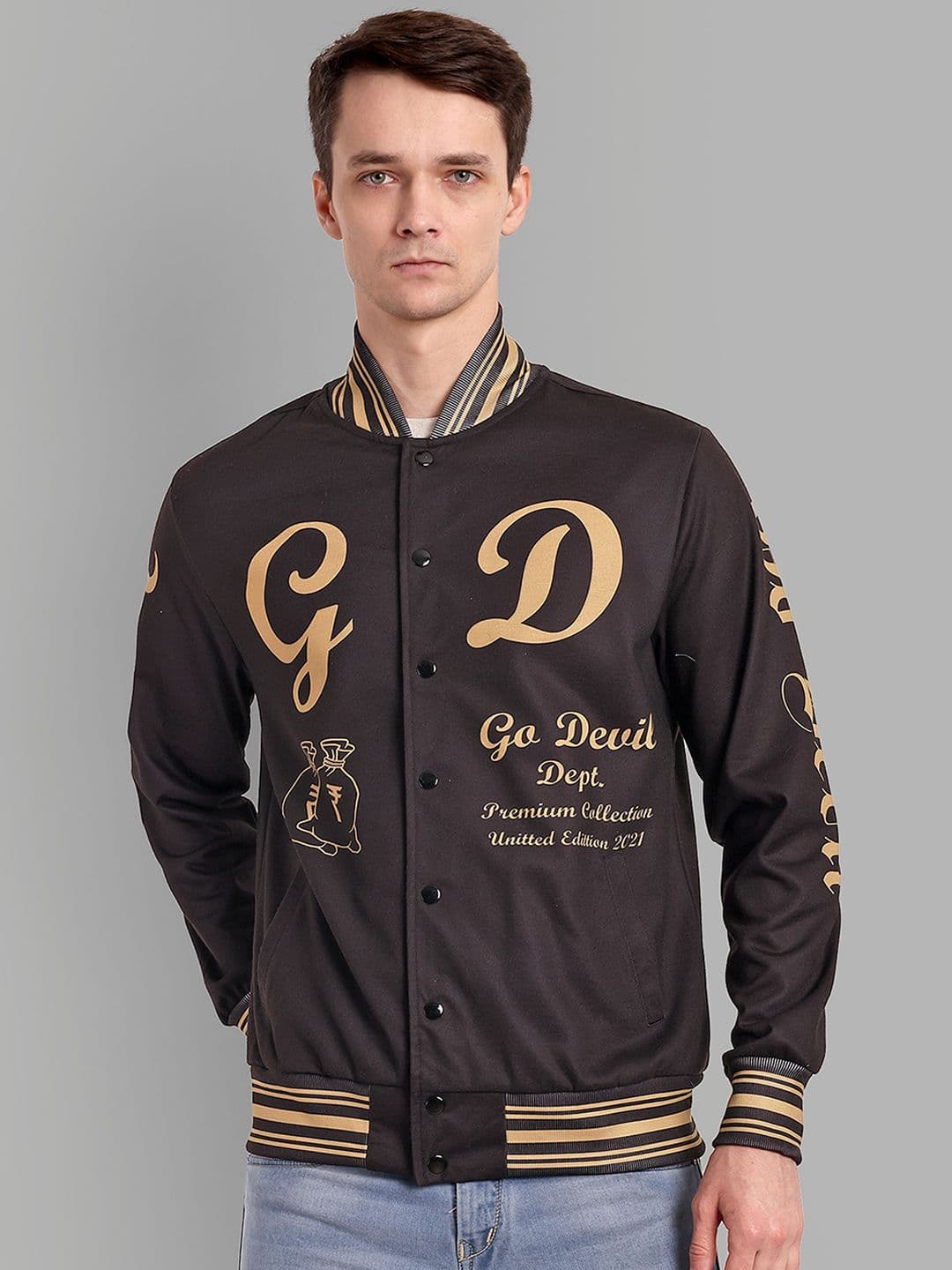 GO DEVIL Graphic Printed Mandarin Collar Bomber Jacket - view 1