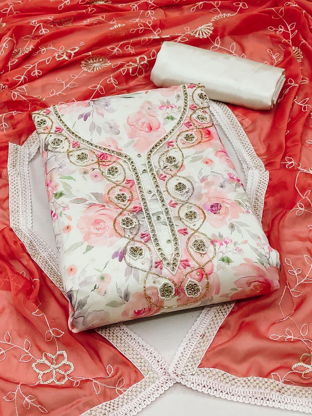 KALINI Floral Printed Beads & Stones Detailed Modal Cotton Unstitched Dress Material - view 1