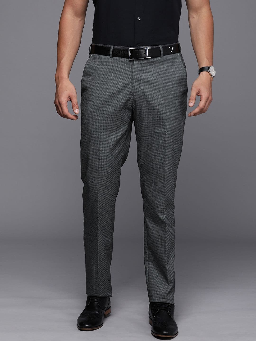 Raymond Men Checked Slim Fit Mid-Rise Formal Trousers - view 1