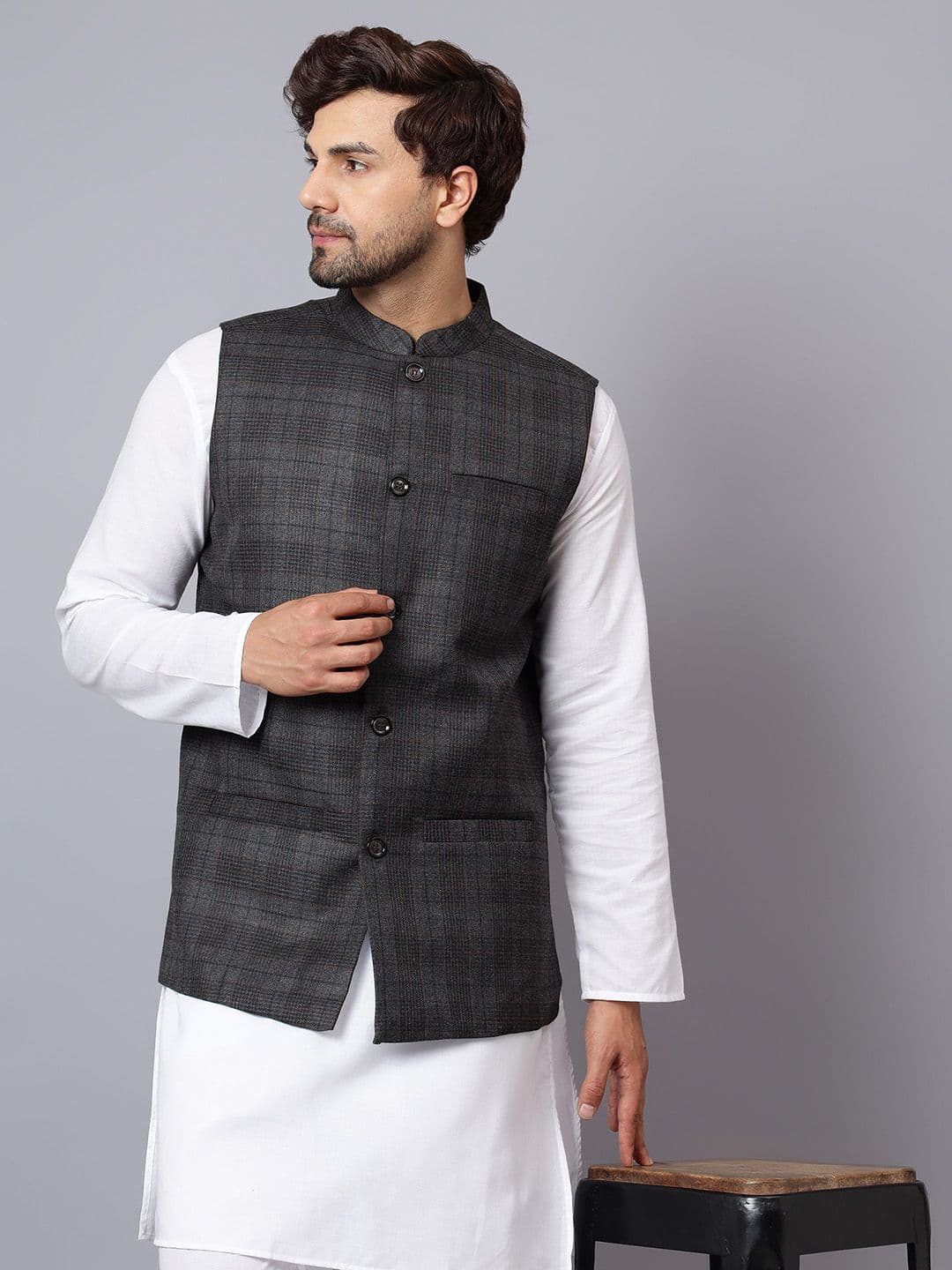Latest Chikan Garments Checked Woven Nehru Jacket - view 1