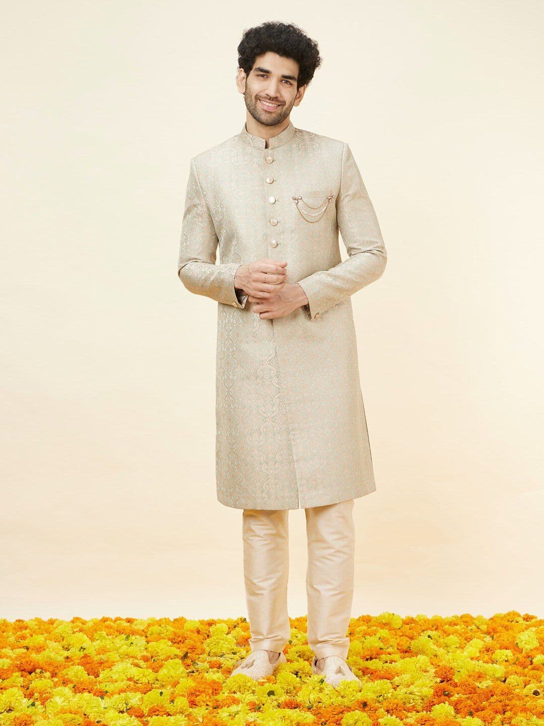 Manyavar Self-Design Mandarin Collar Sherwani Set - view 1