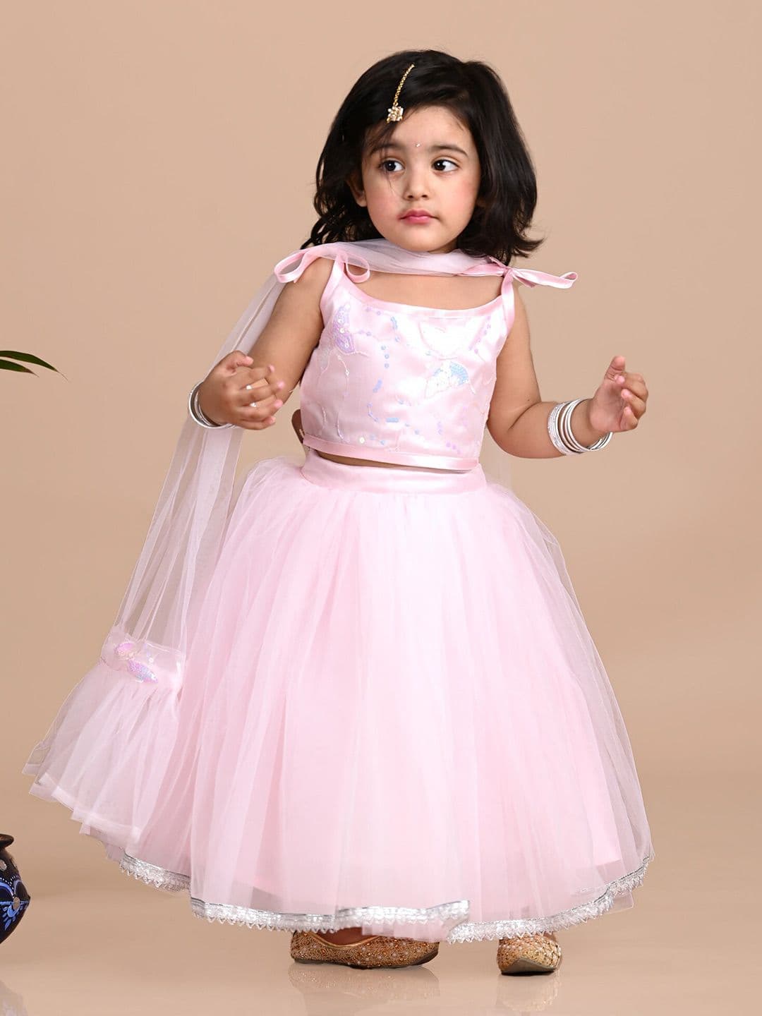 BAESD Girls Embroidered Sequinned Net Ready to Wear Lehenga & Blouse With Dupatta - view 1