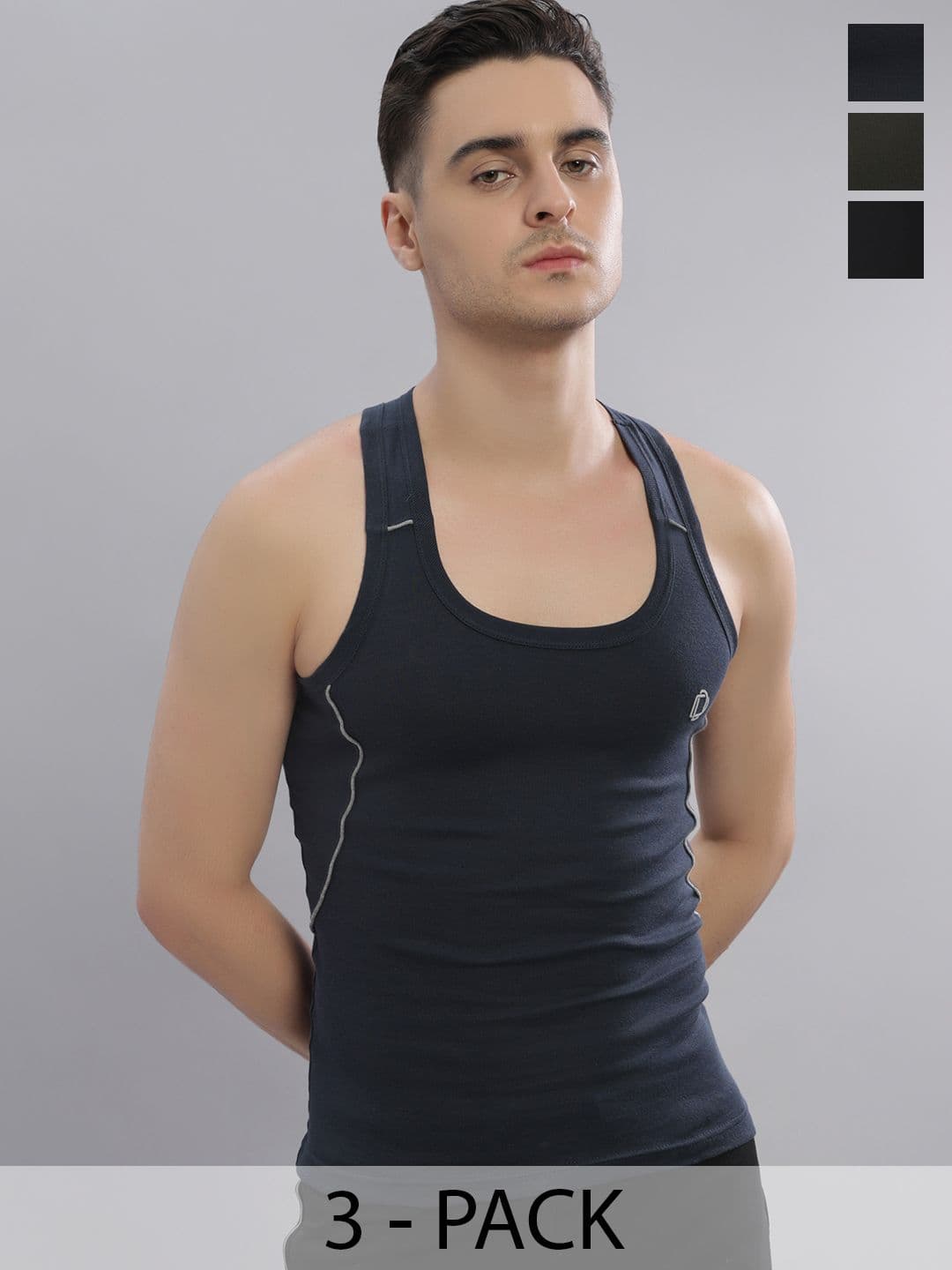 Dollar Bigboss Men Solid Pack of 3 Cotton Racerback Styled Gym Vest - view 1