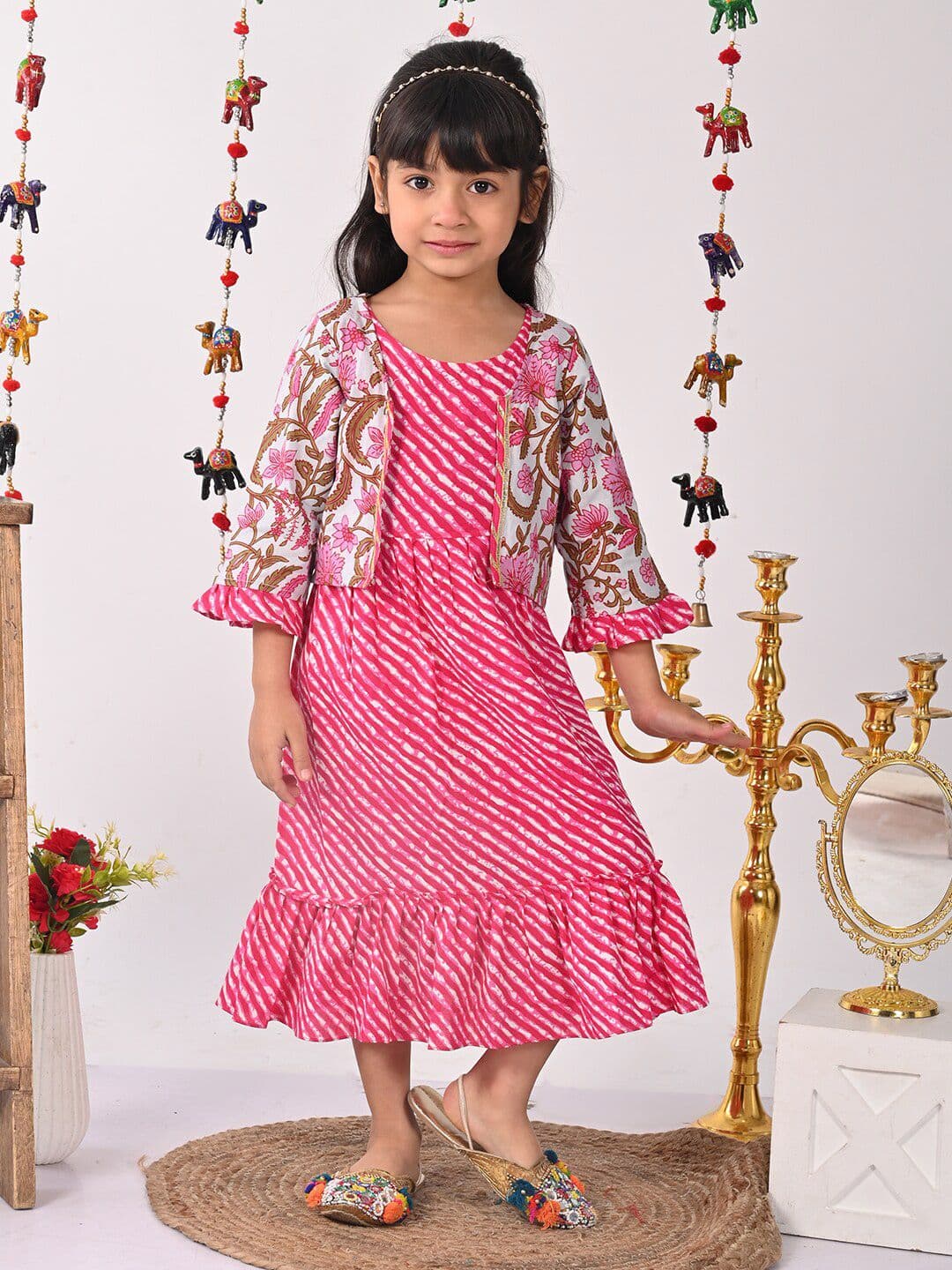 Sangria Girls Round Neck Cotton Sleeveless Lehriya Dress With Printed Jacket - view 1