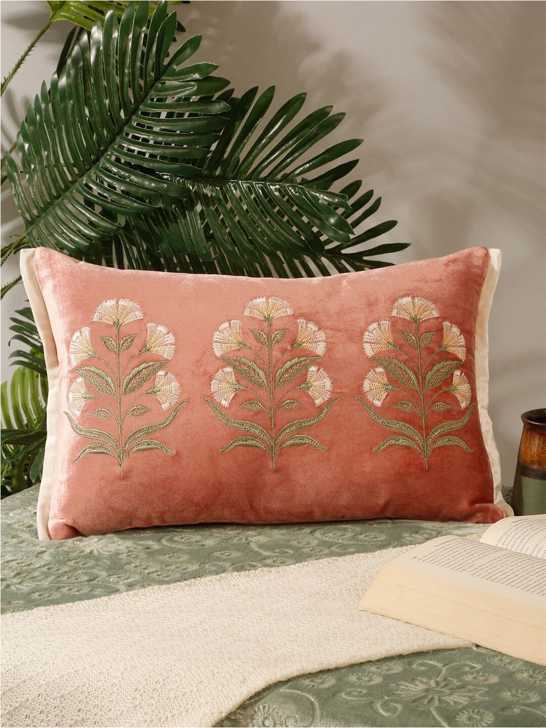 NISRAG HOME Pink & Green Floral Embroidered Velvet Rectangle Cushion Cover - view 1