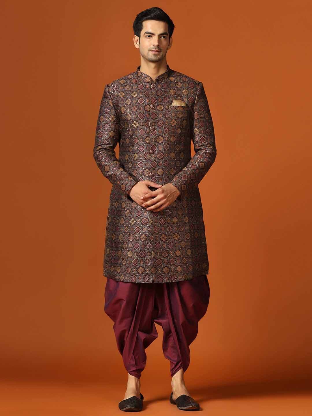 KISAH Men Ethnic Motifs Printed Batik Indowestern Sherwani & Dhoti Pant Set - view 1