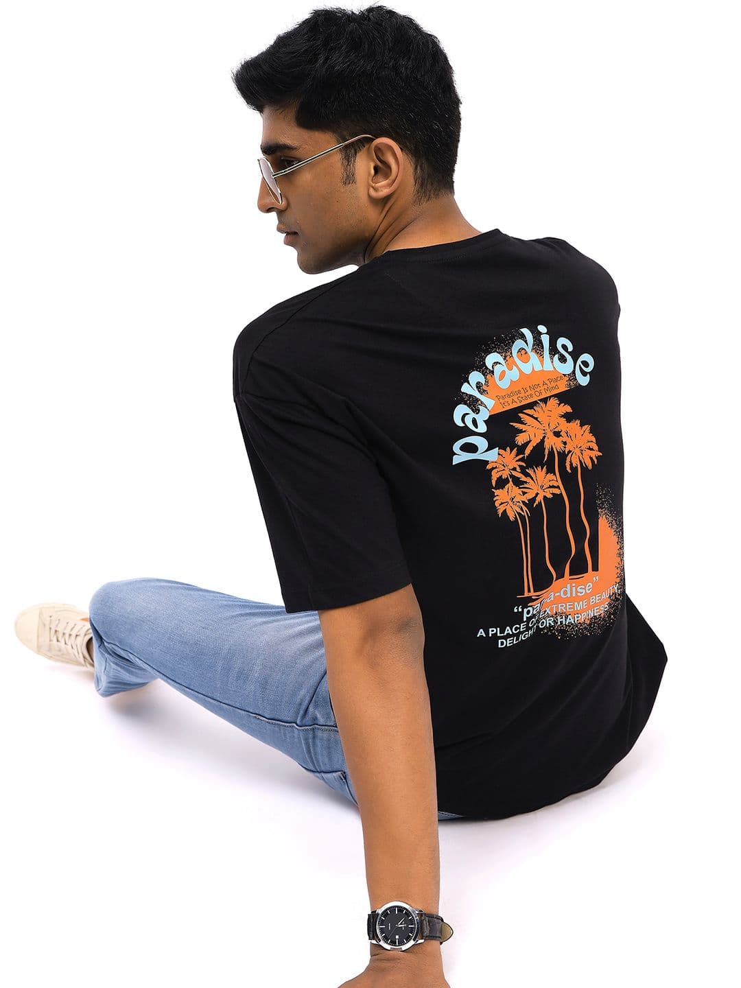 Mast & Harbour Black Graphic Printed Round Neck Cotton Oversized T-shirt - view 1