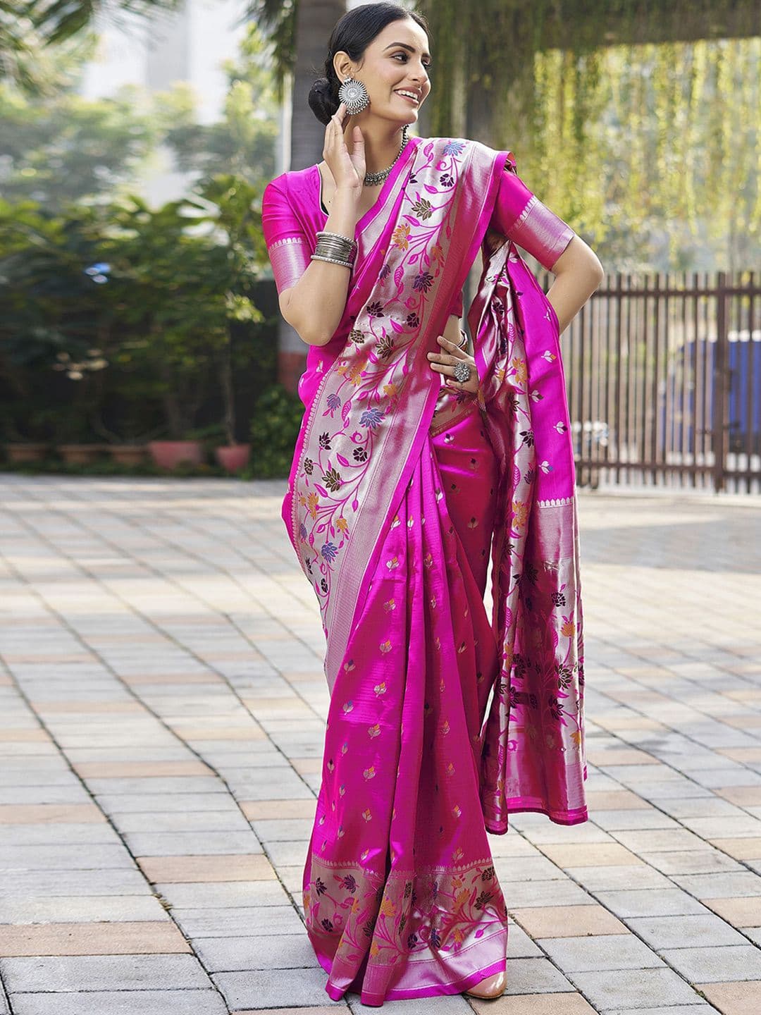 Mitera Pink & Blue Ethnic Motifs Woven Design Zari Art Silk Saree - view 1
