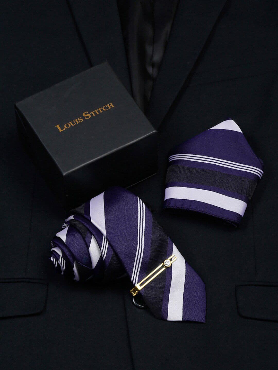 LOUIS STITCH Men Striped Silk Necktie Accessory Gift Set - view 1